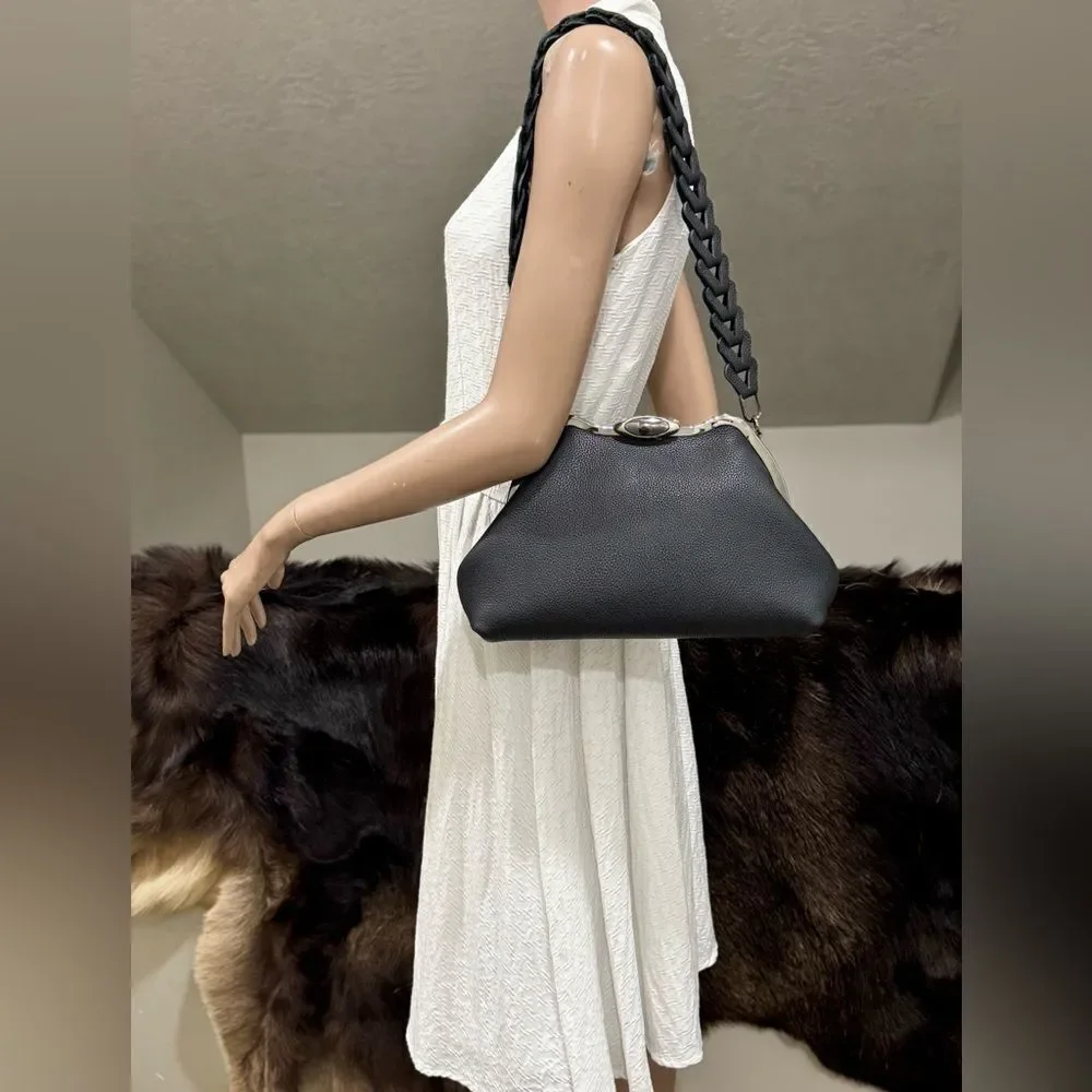 Black Togo Cowhide Leather Handmade Custom Metal Frame Handbag & 2 Strap Styles